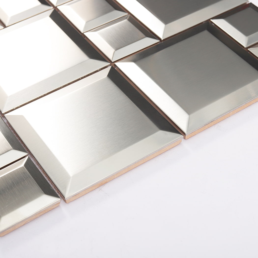 Side view showing thickness of silver brushed stainless steel mosaic tile