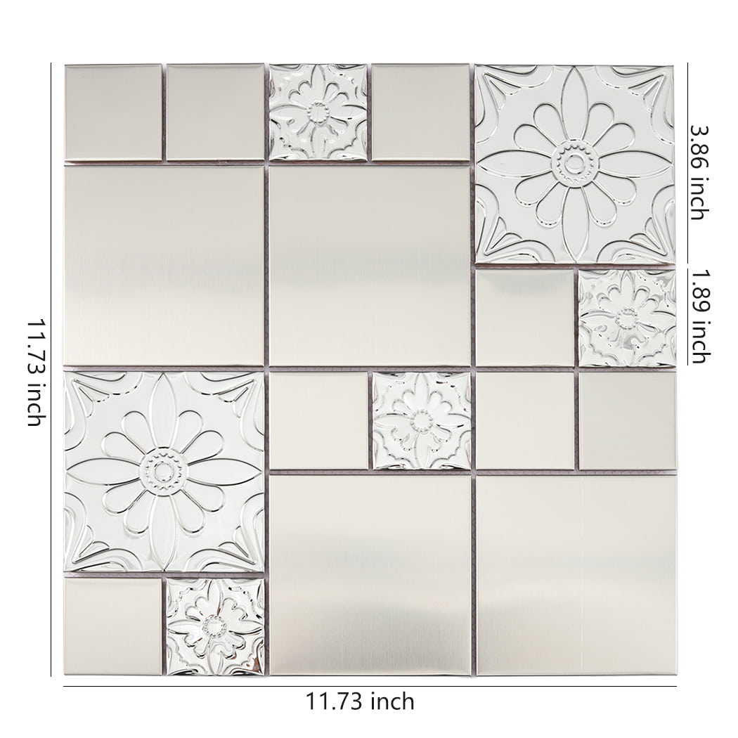 Silver stainless steel mosaic wall tile sheet with embossed flower pattern and size markings