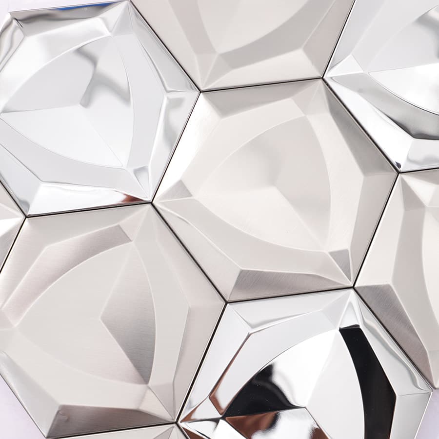 Glossy detail of silver hexagon stainless steel mirror tile
