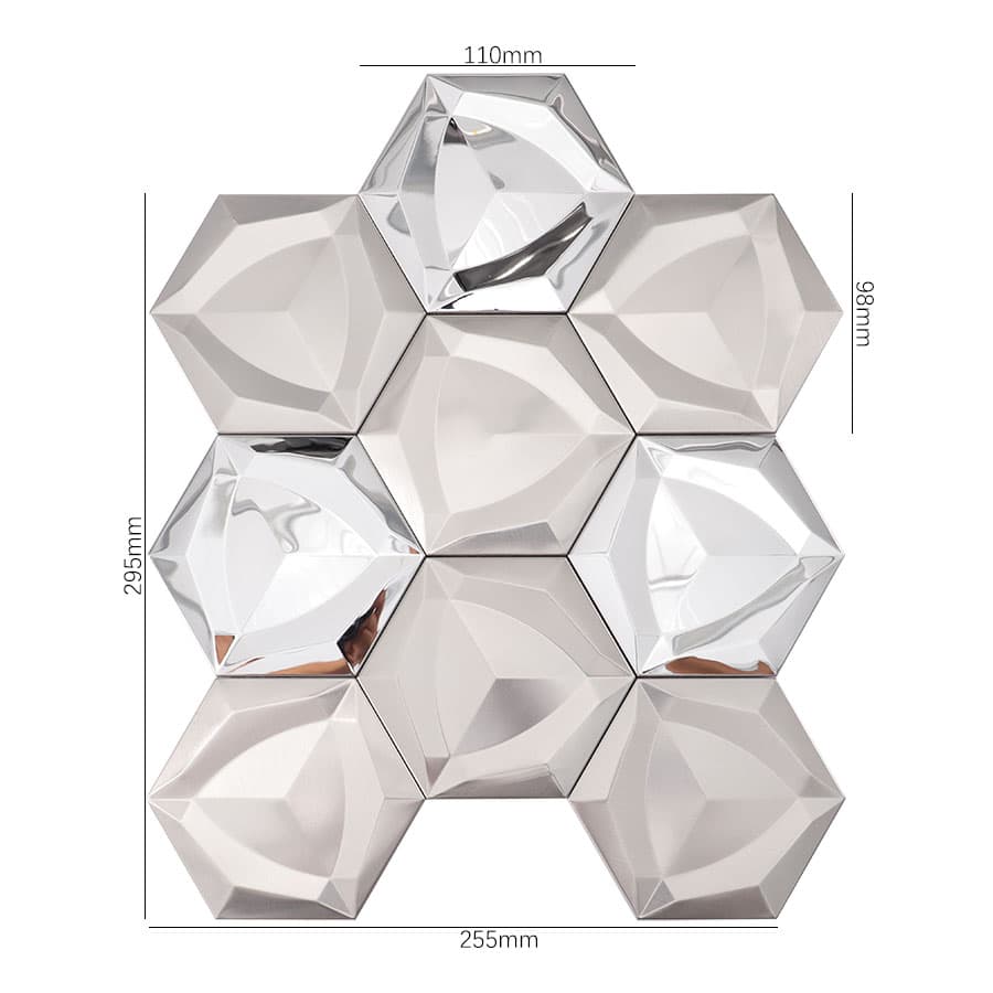 Silver hexagon stainless steel mirror tile with size measurements