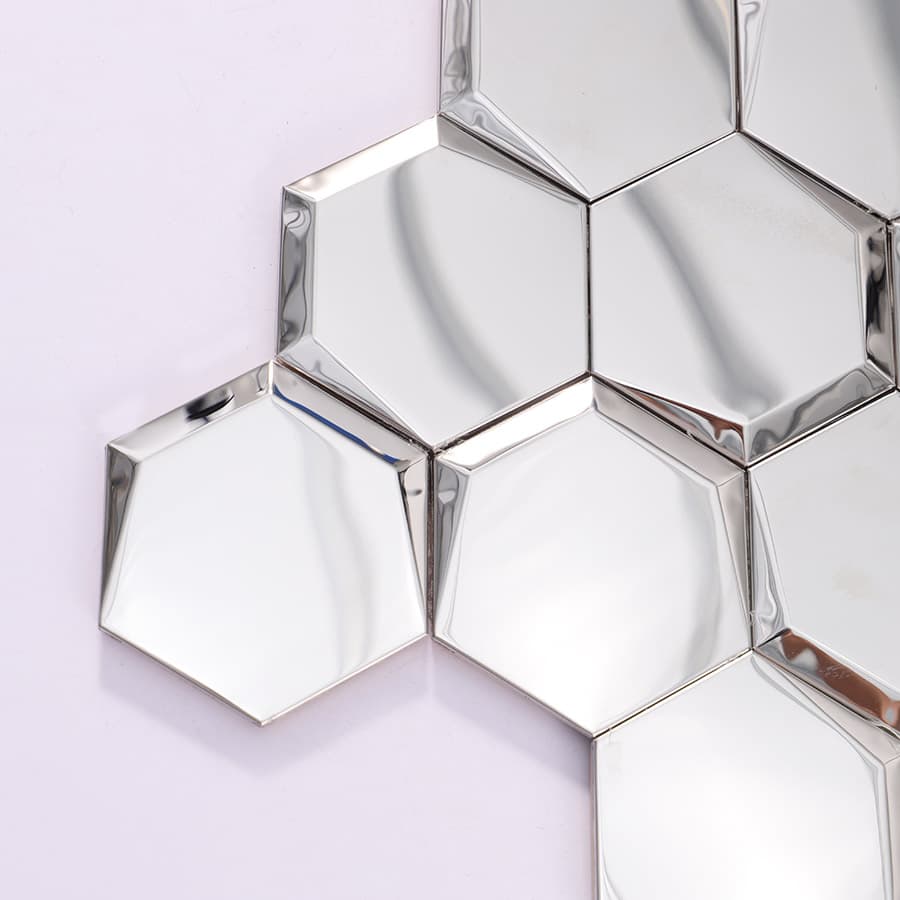 Close up of silver hexagon mirror tile surface