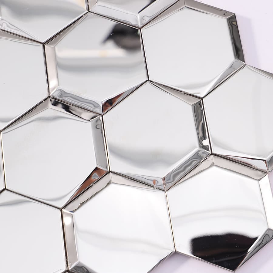 Glossy surface detail of silver hexagon mirror tile