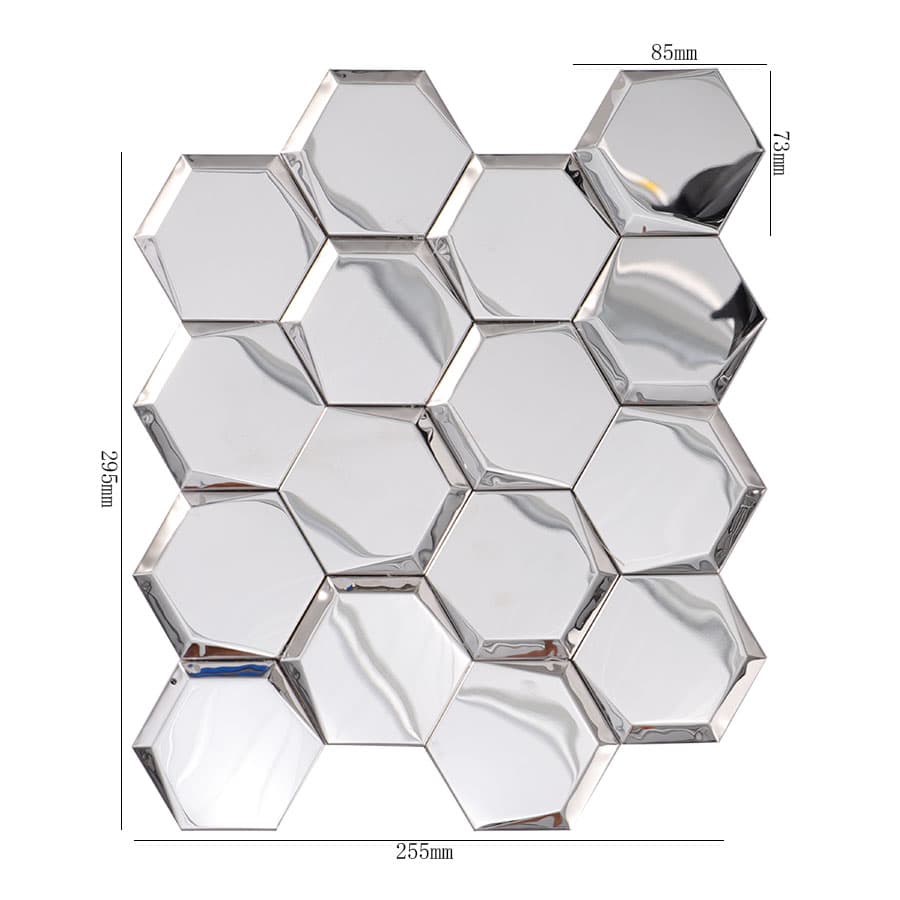 Silver hexagon mirror tile with size measurements