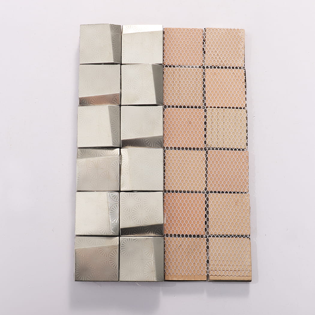 Front and back view of silver stainless steel metal mosaic tiles with beige mesh backing.