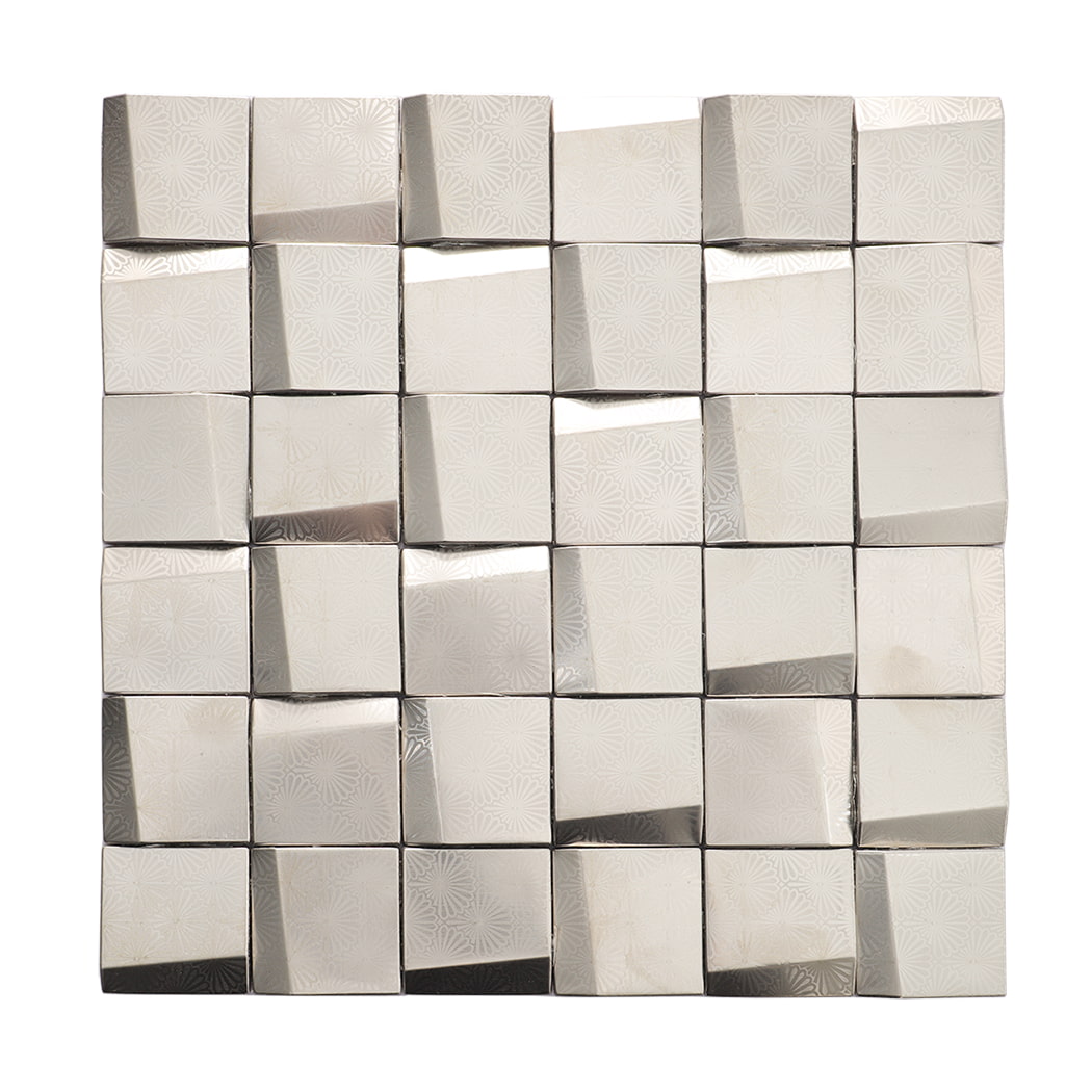 Front view of silver stainless steel metal mosaic sheet with embossed 3D square tiles 