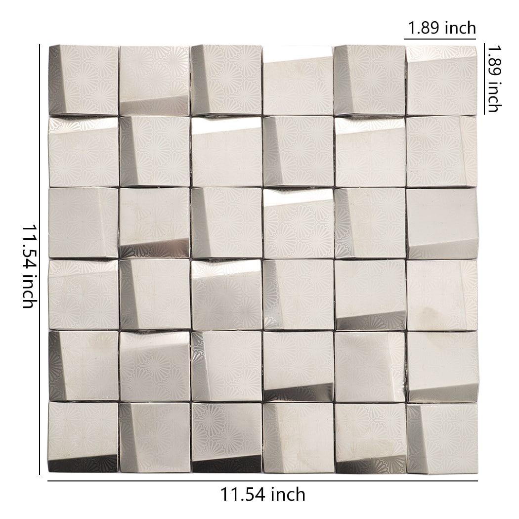 Size diagram of silver stainless steel metal mosaic sheet with 3D square tiles