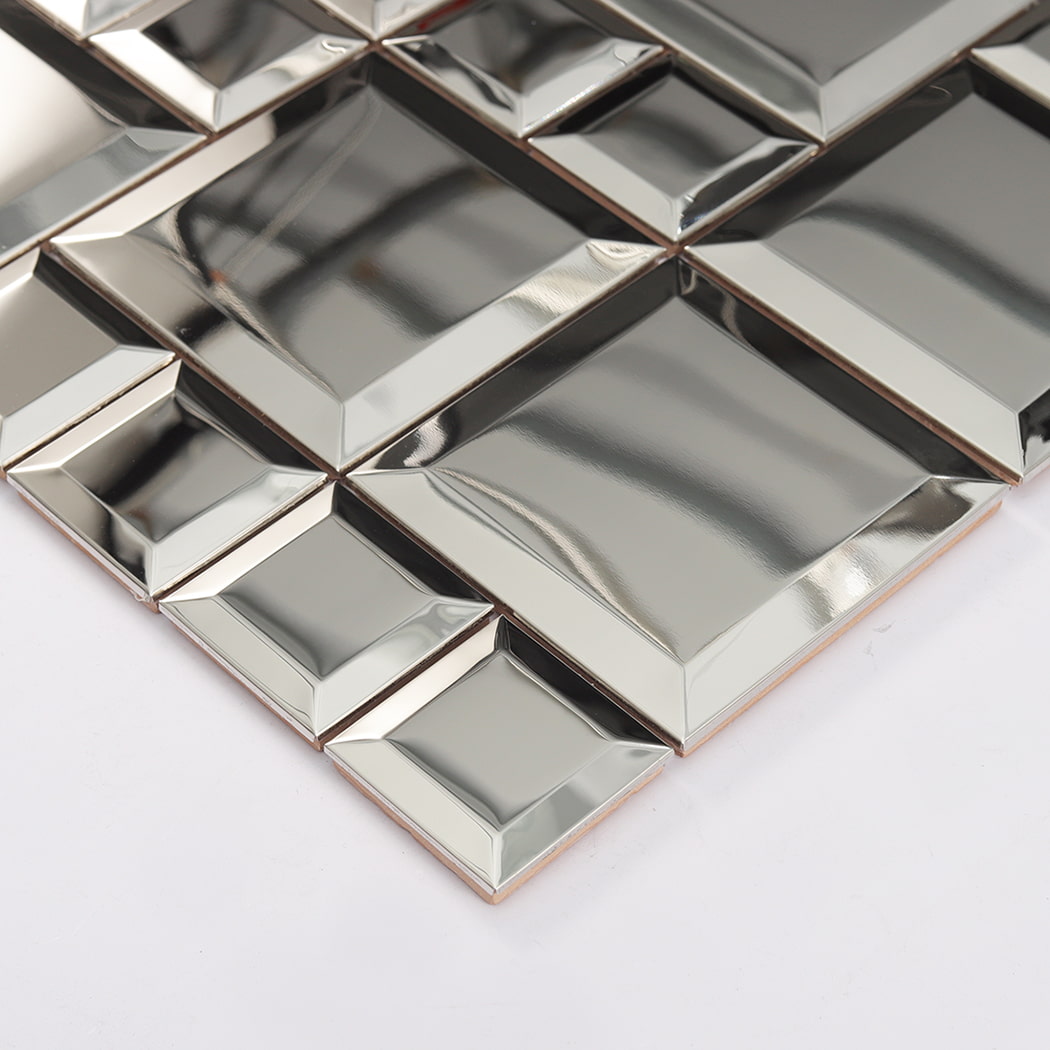 Side edge detail of silver mirror stainless steel beveled modular mosaic tile