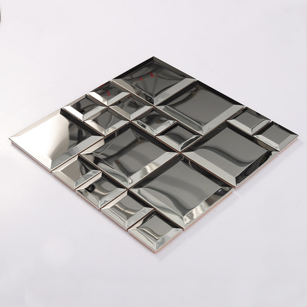 Angled view of silver mirror stainless steel modular mosaic tile highlighting depth