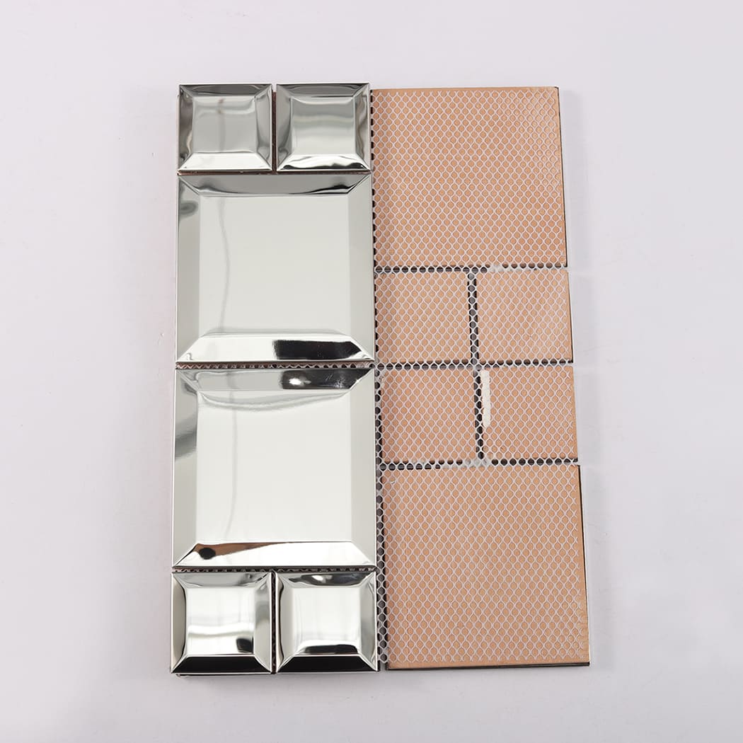 Back mesh view of silver mirror stainless steel modular mosaic tile sheet