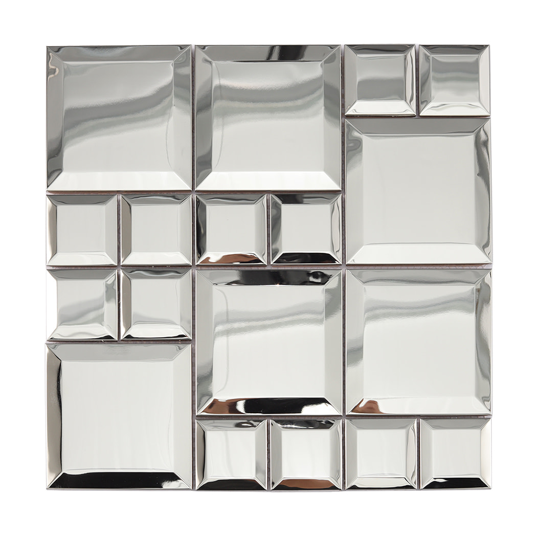 Front view of silver mirror stainless steel modular mosaic with geometric square layout
