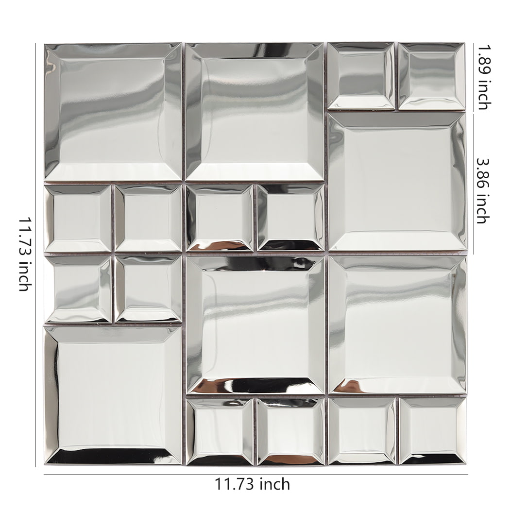 Silver mirror stainless steel modular mosaic tile sheet with beveled square pattern