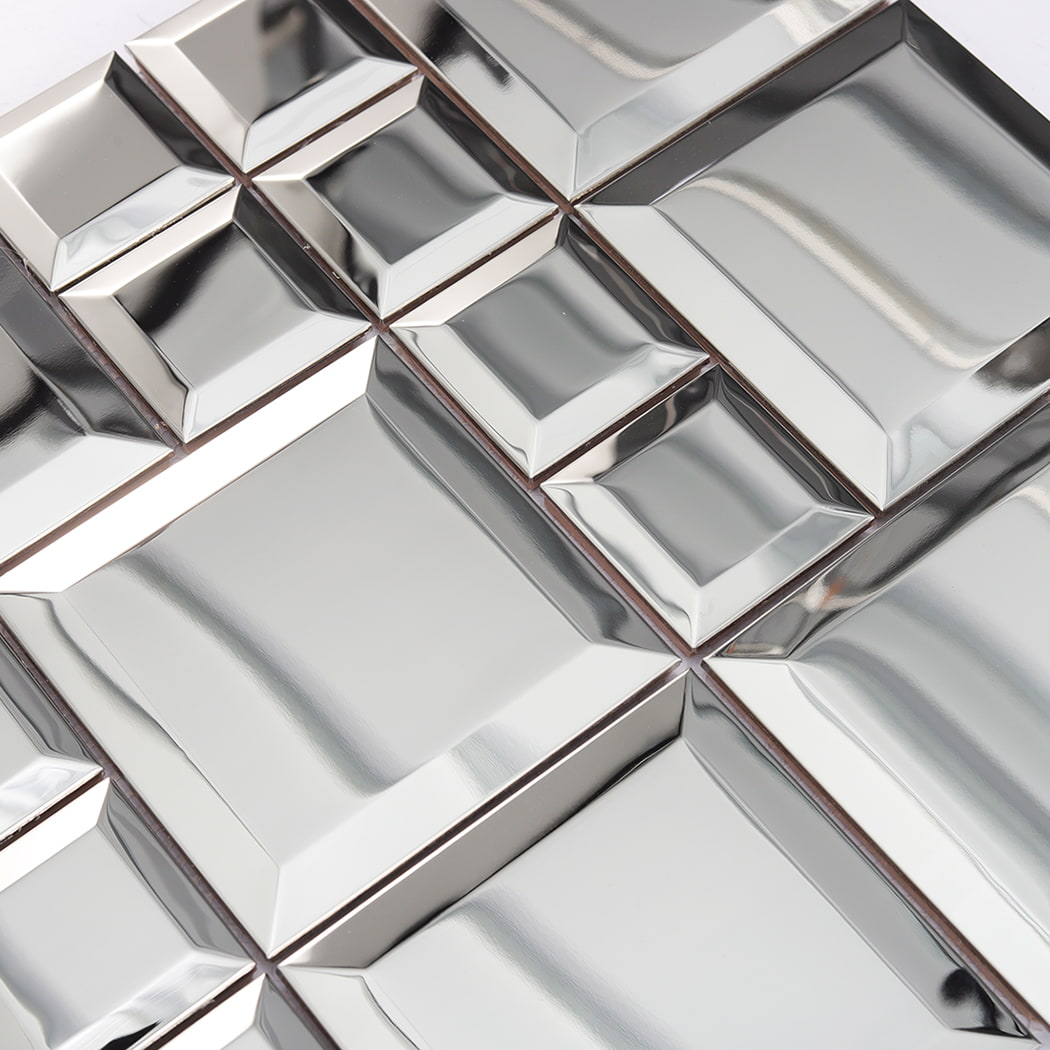 Close up of silver mirror stainless steel modular mosaic showing reflective surface