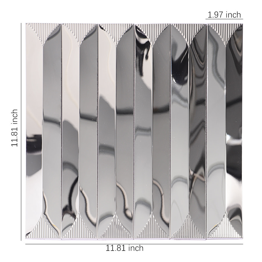 Silver mirror stainless steel vertical mosaic tile with labeled size dimensions