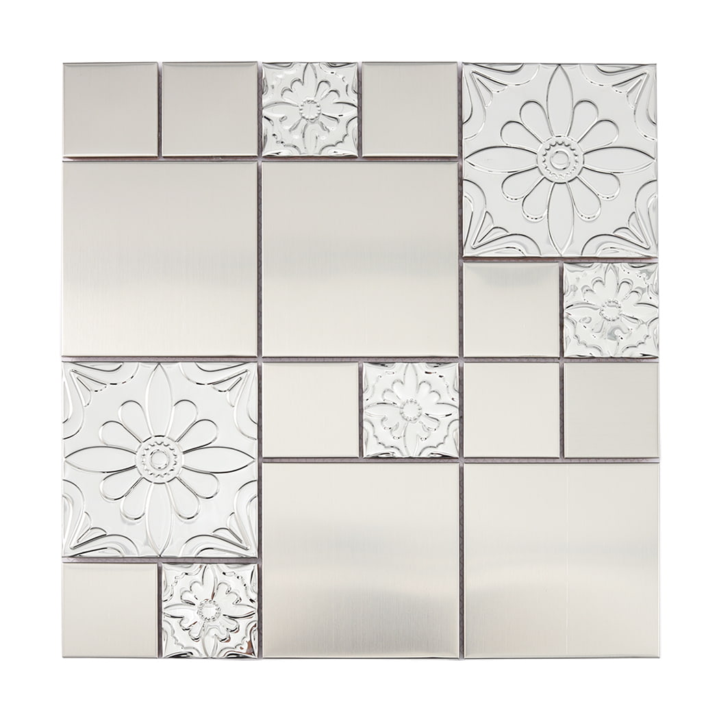 Full sheet of silver stainless steel mosaic wall tile with embossed floral squares