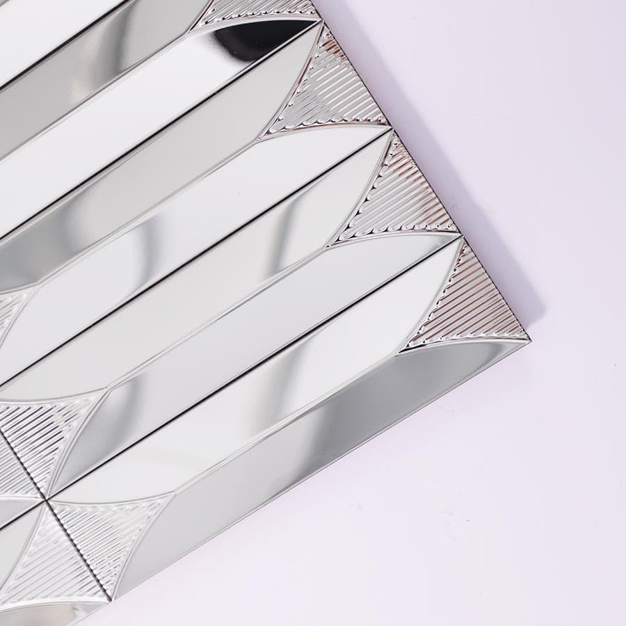 Close up of silver stainless steel long strip mosaic tile surface