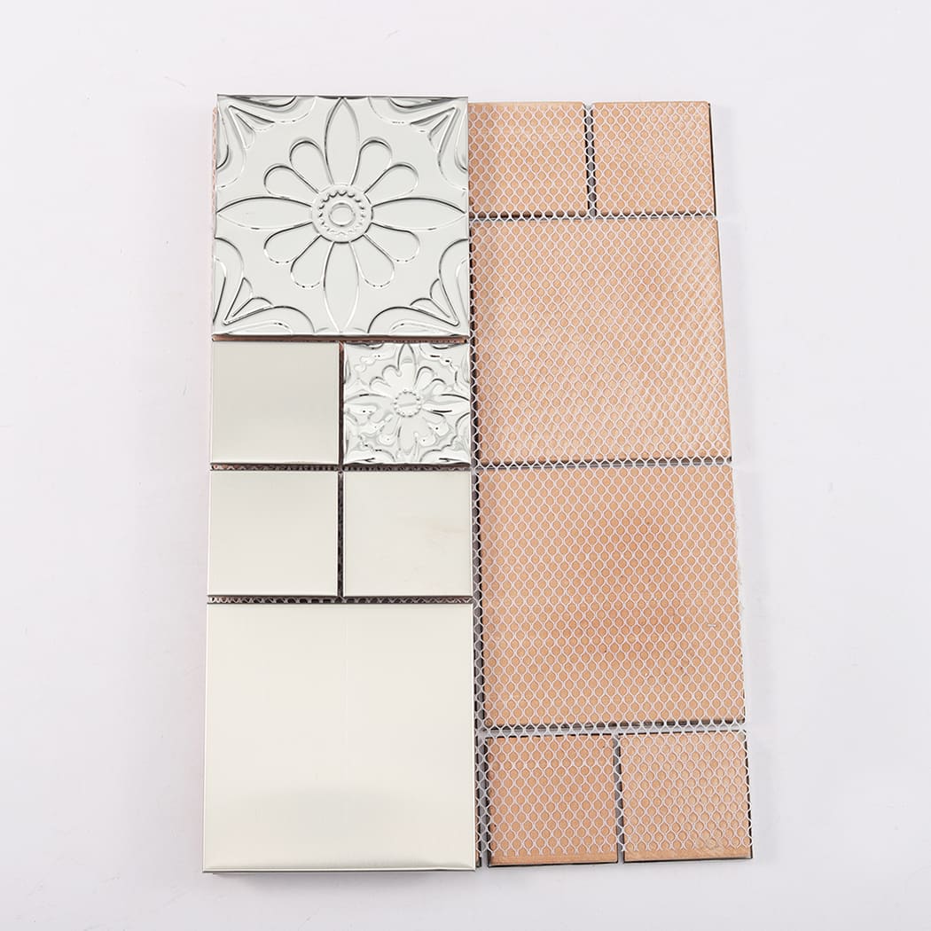 Back view of silver stainless steel mosaic tile with mesh backing for wall installation