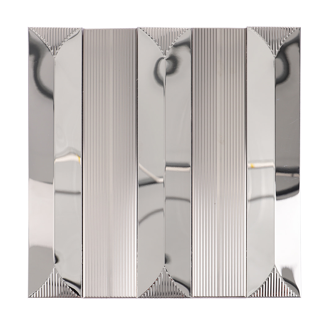 Front view of silver stainless steel mosaic tile with reflective surface