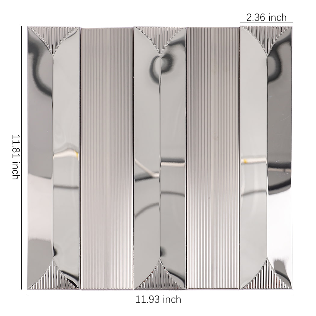 Silver stainless steel tile with glossy finish showing  size