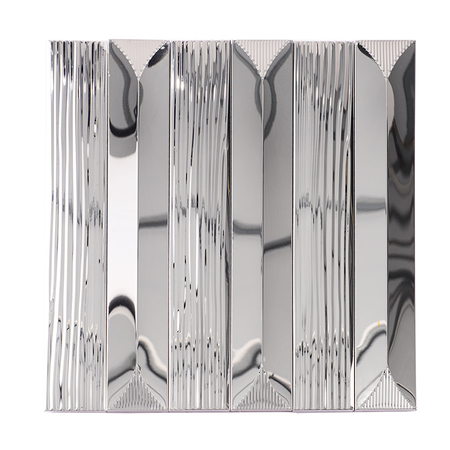 Front view of silver stainless steel vertical striped metal mosaic tile with glossy finish.