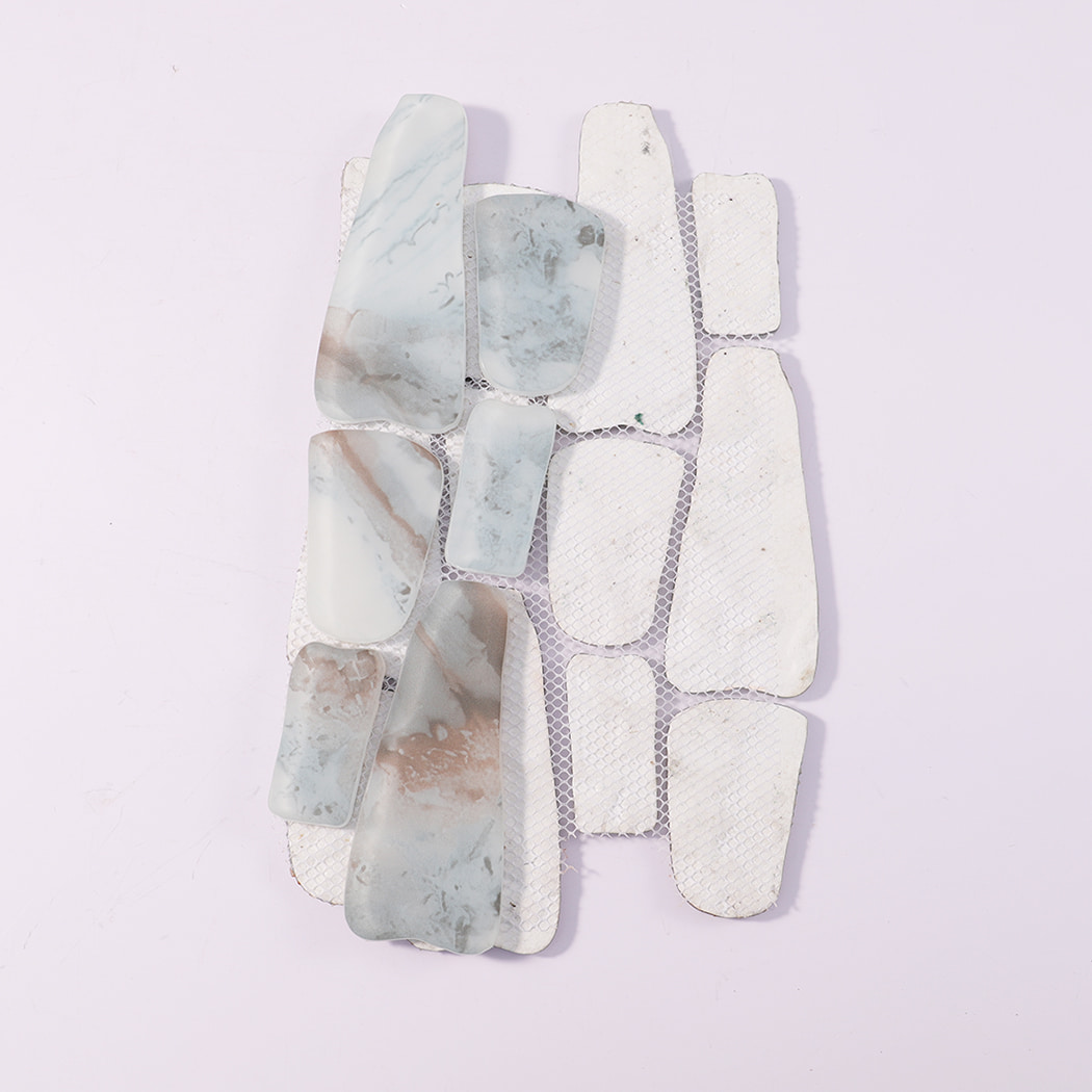 Soft Blue Beige Pebble Glass Tile for Coastal Powder Room, Kitchen Backsplash and Bar Front