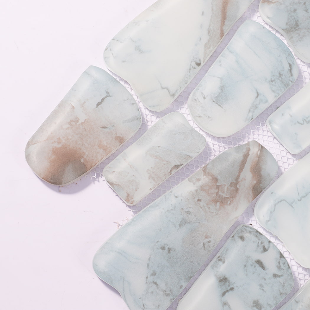 Soft Blue Beige Pebble Glass Tile for Coastal Powder Room, Kitchen Backsplash and Bar Front