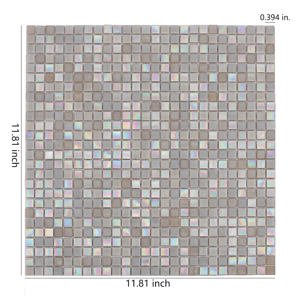 Soft light gray water glass mosaic sheet with scattered iridescent reflections across the surface