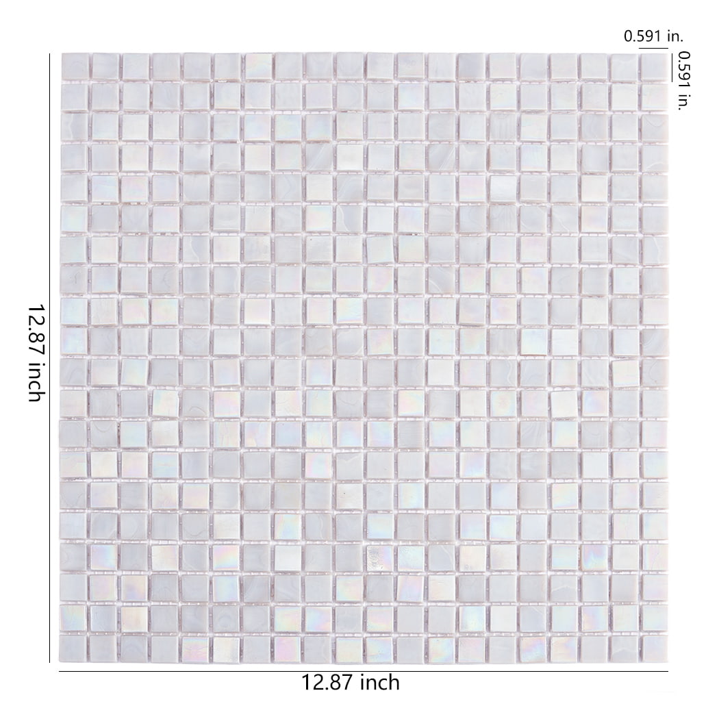 Soft iridescent light gray square glass mosaic panel with gentle reflective tone
