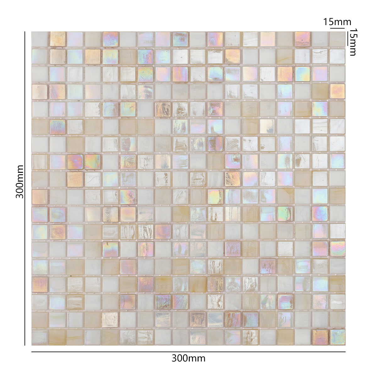 Soft-toned mosaic tile sheet with glossy glass and shell textures