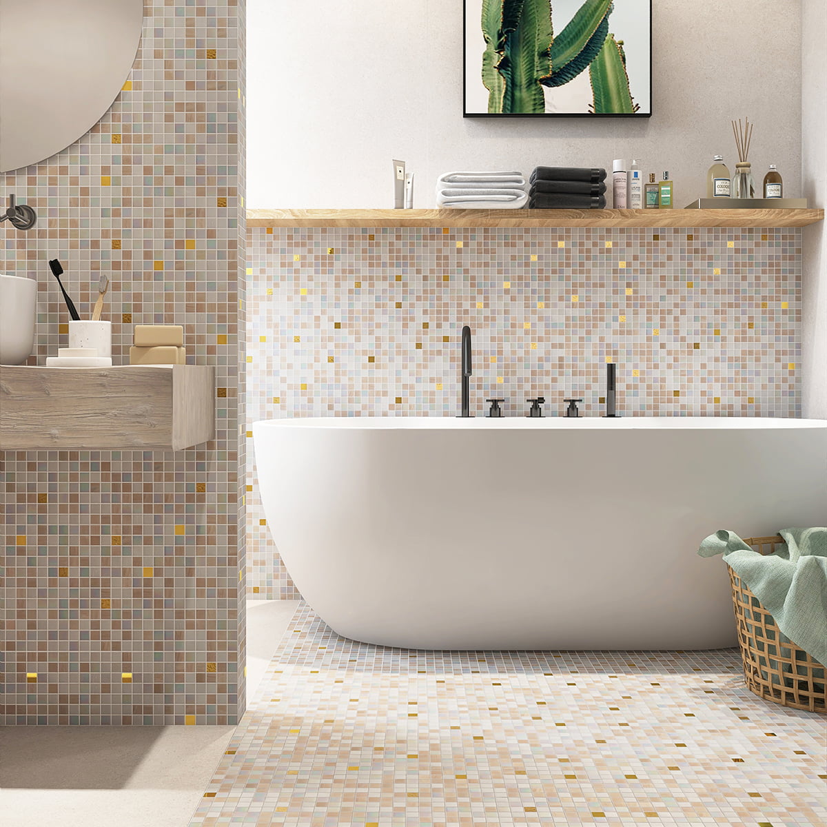 Beige Mixed 24K Gold Foil Glass Mosaic Tiles