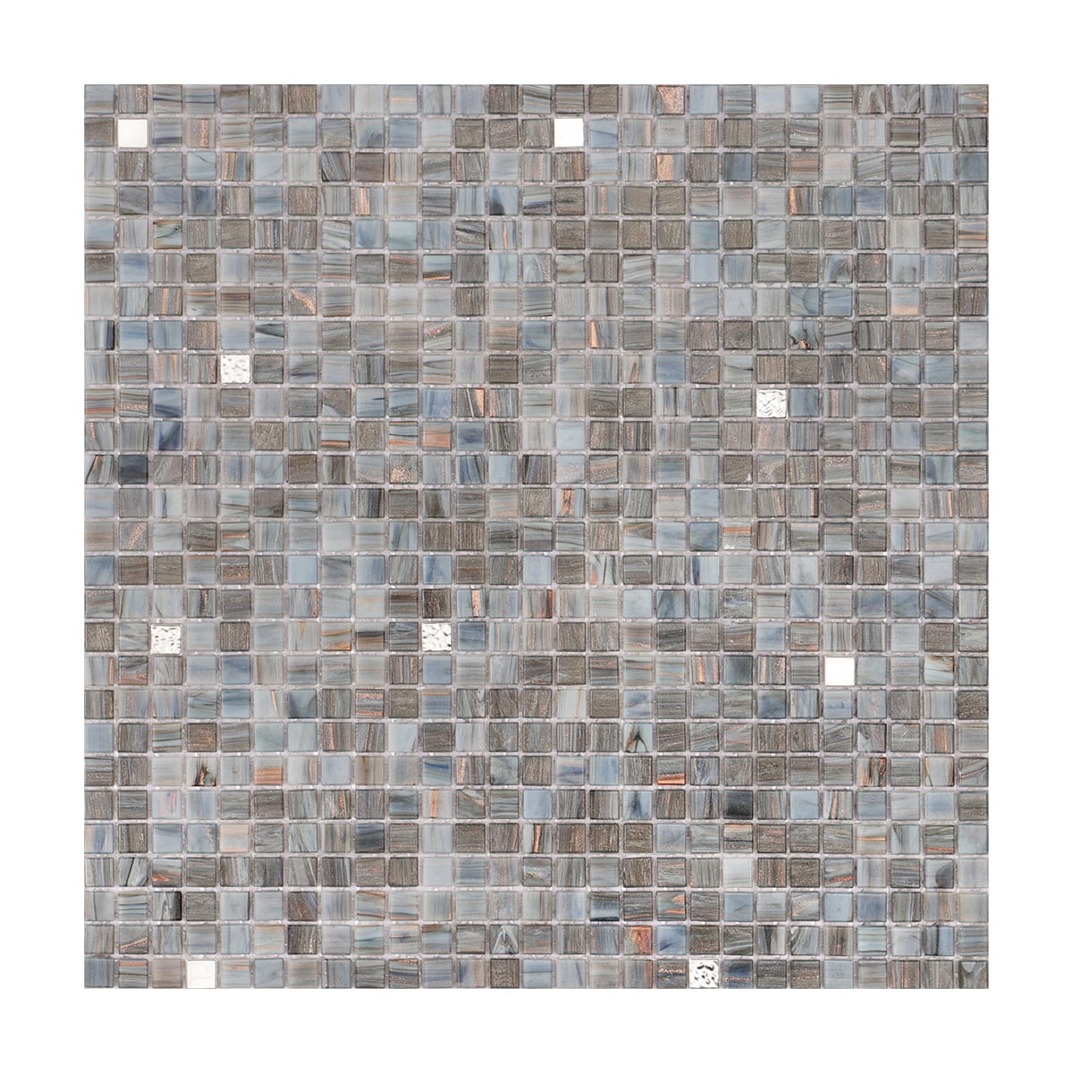 Square blue-gray glass mosaic tile with iridescent shimmer and silver highlights