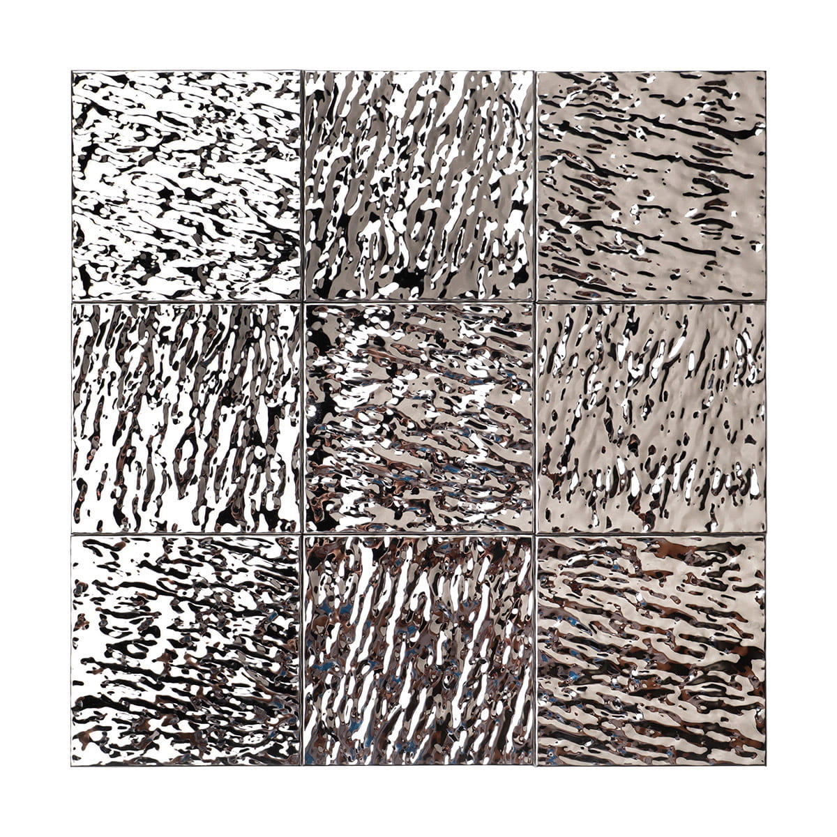 Square decorative tiles with silver ripple finish arranged in a 3x3 grid layout