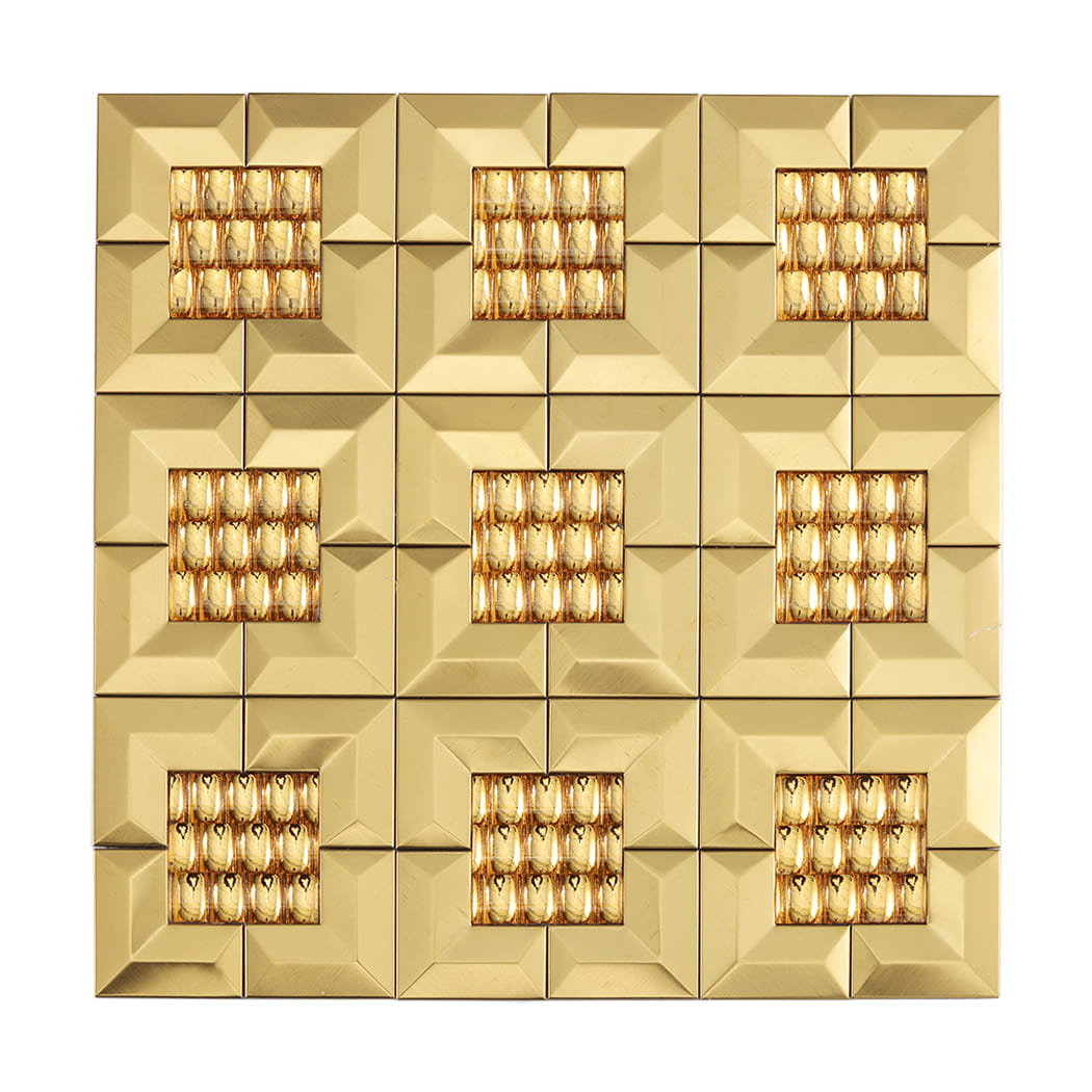 A full square sheet of luxury gold 3D mirror metal mosaic tiles with geometric patterns.