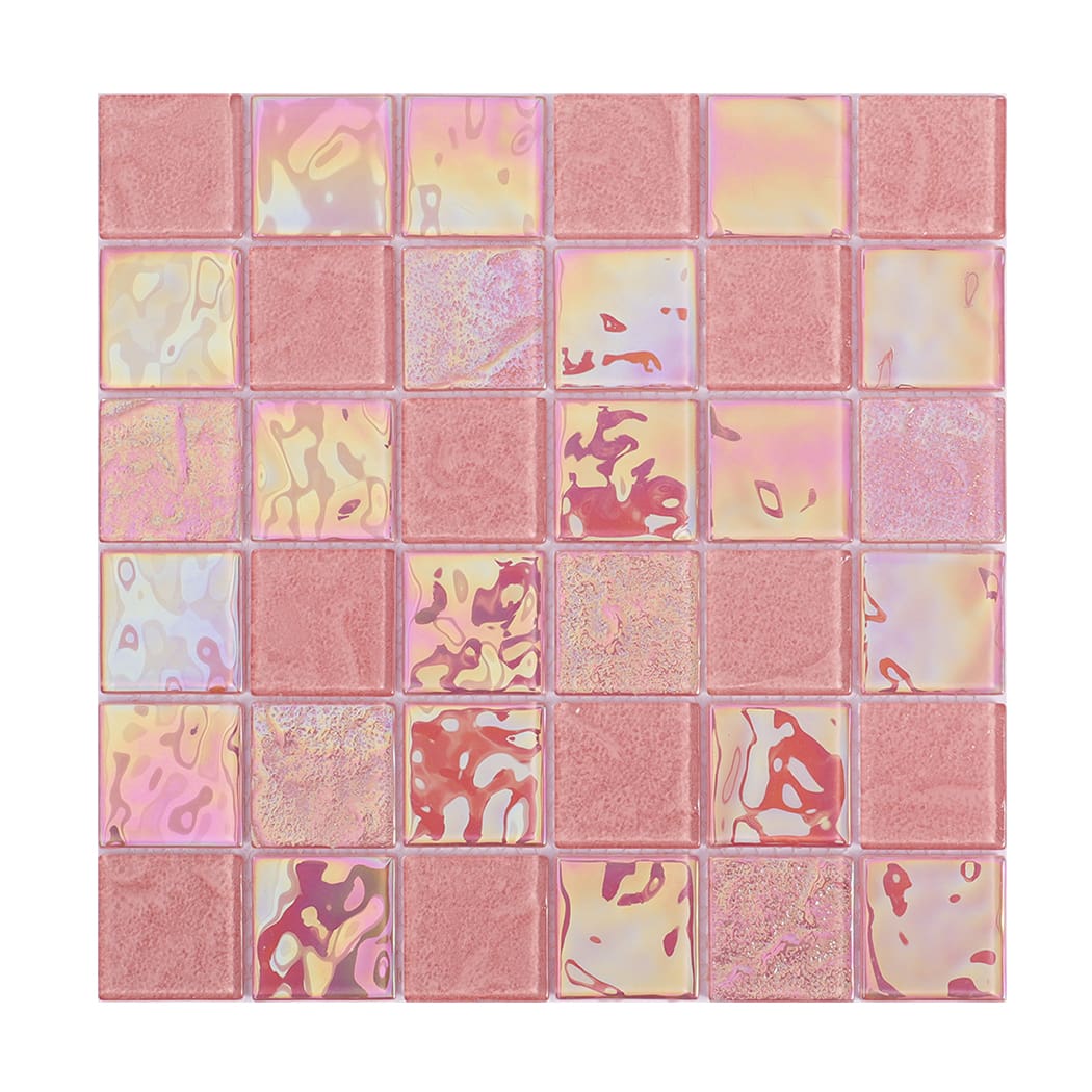 Top view of a square pink mosaic tile sheet with mixed iridescent and frosted textures.