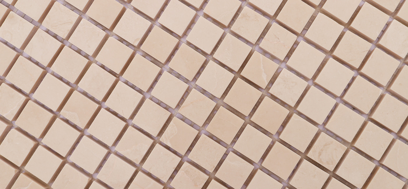 Square queen beige marble mosaic tiles arranged in a diagonal pattern with subtle veining.