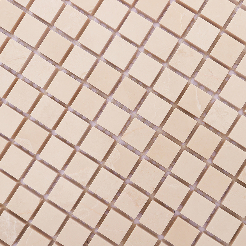 Square queen beige marble mosaic tiles with subtle veining.