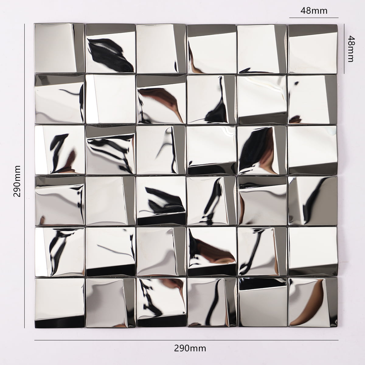 Square silver mirror tiles with clean reflections, 48mm size shown