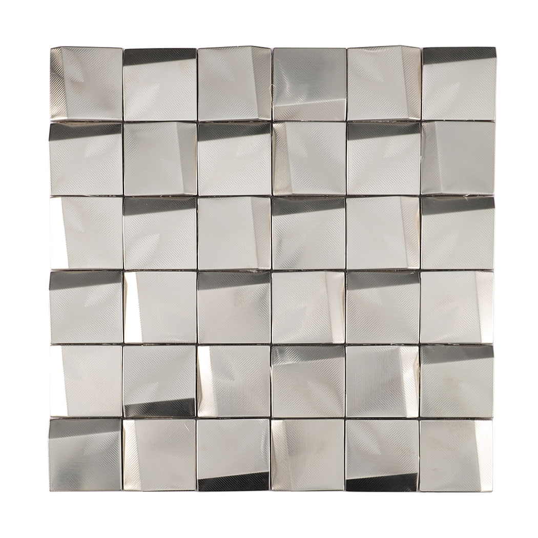 Front view of stainless steel beveled square mosaic tile sheet on white background.