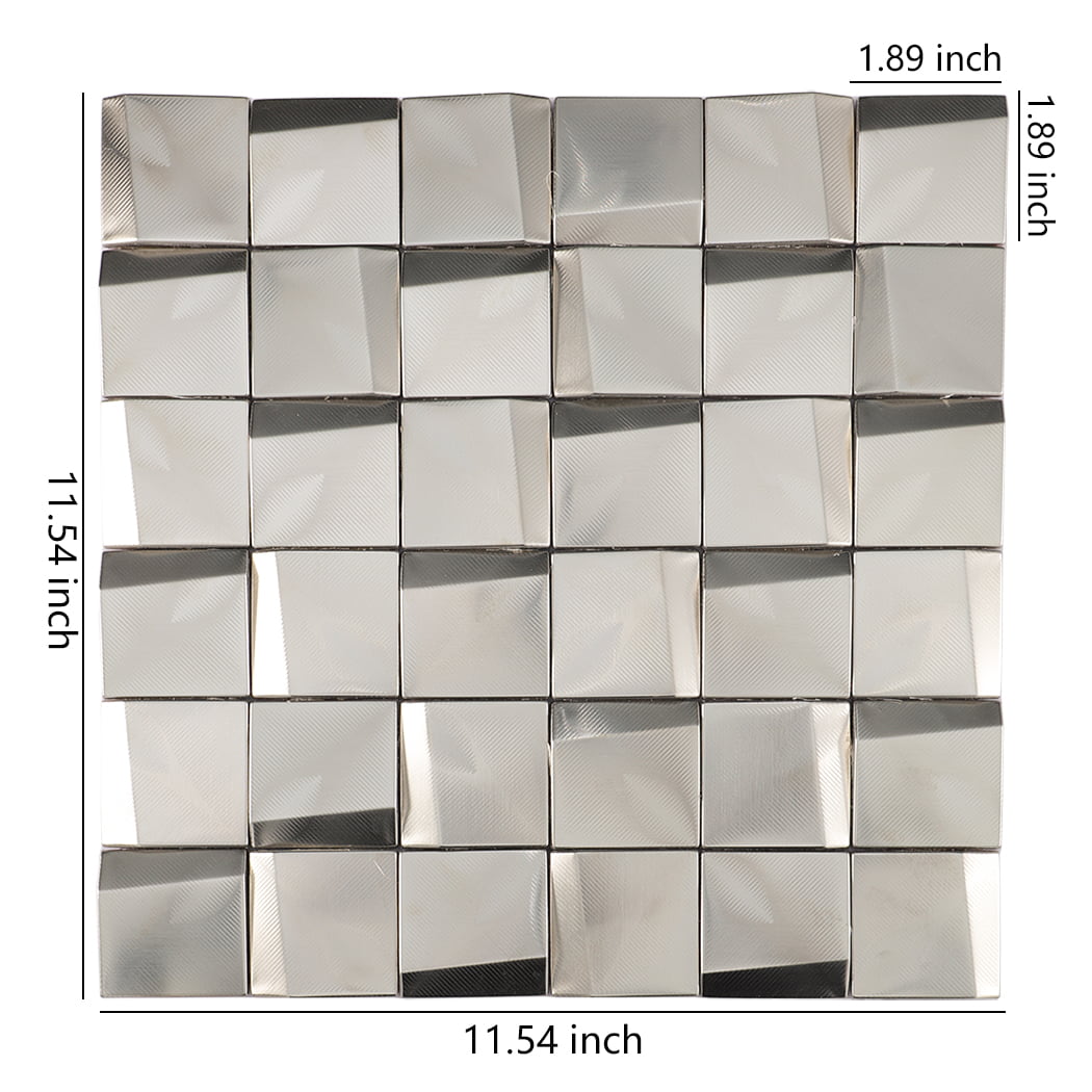 Stainless steel beveled square mosaic tile sheet with size dimensions shown.