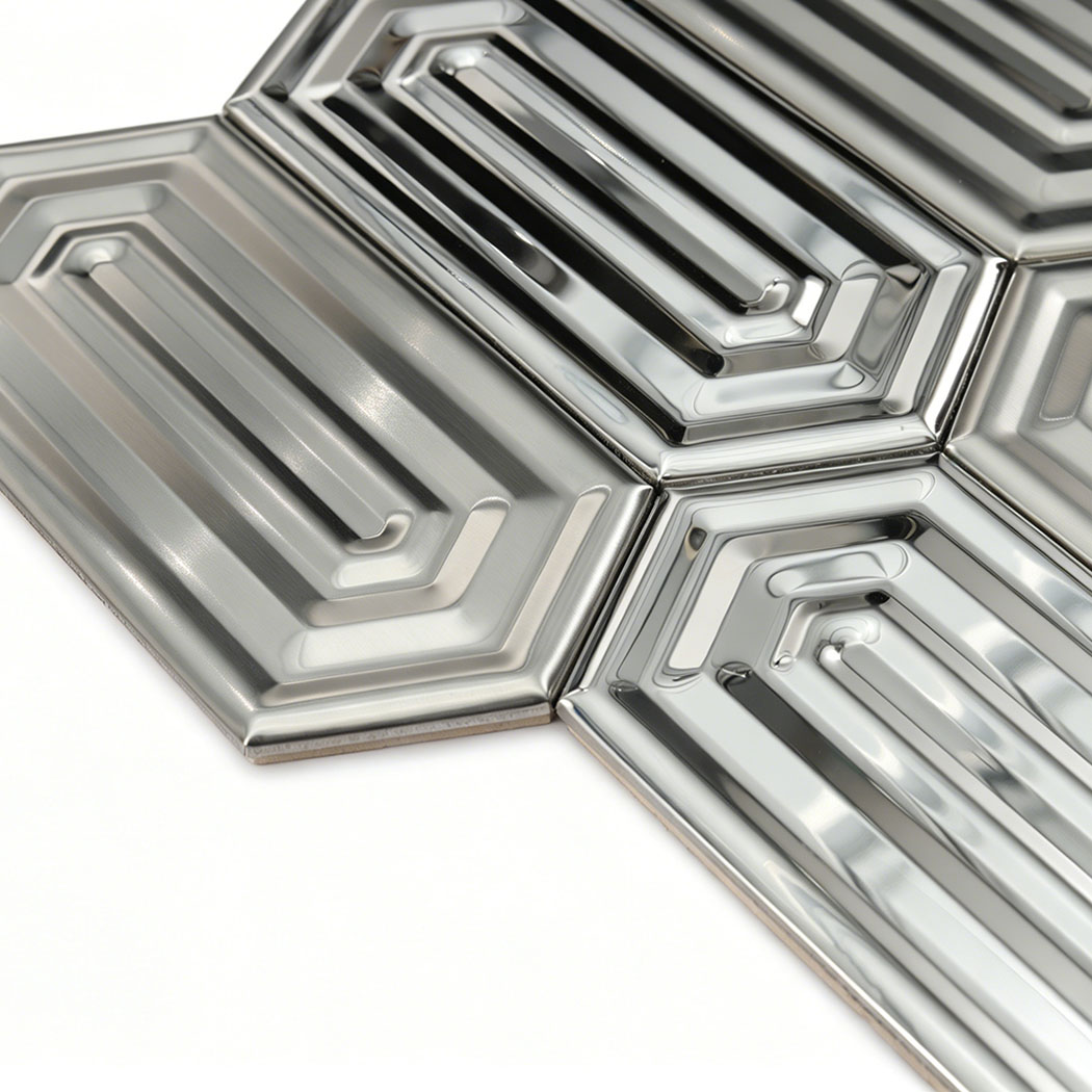 Edge detail showing thickness of stainless steel hexagon mosaic tile