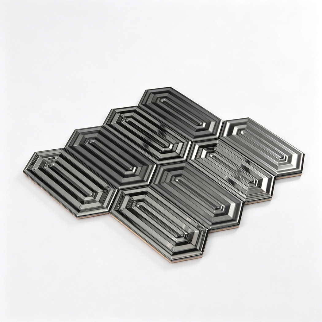 Stainless steel mosaic tile mesh backing rear view elongated hexagon sheet structure