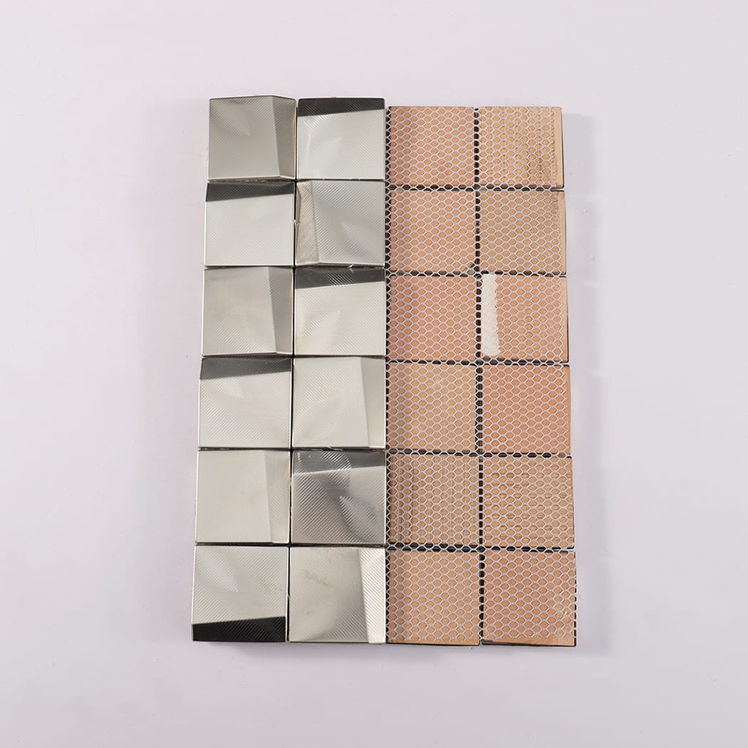 Front and back view showing stainless steel mosaic tiles and mesh backing.