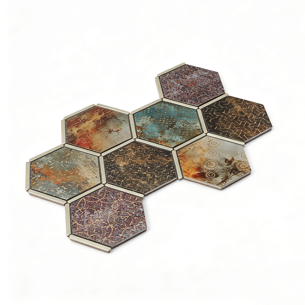 Angled view of teal brown and burgundy aluminum hexagon mosaic tile sheet