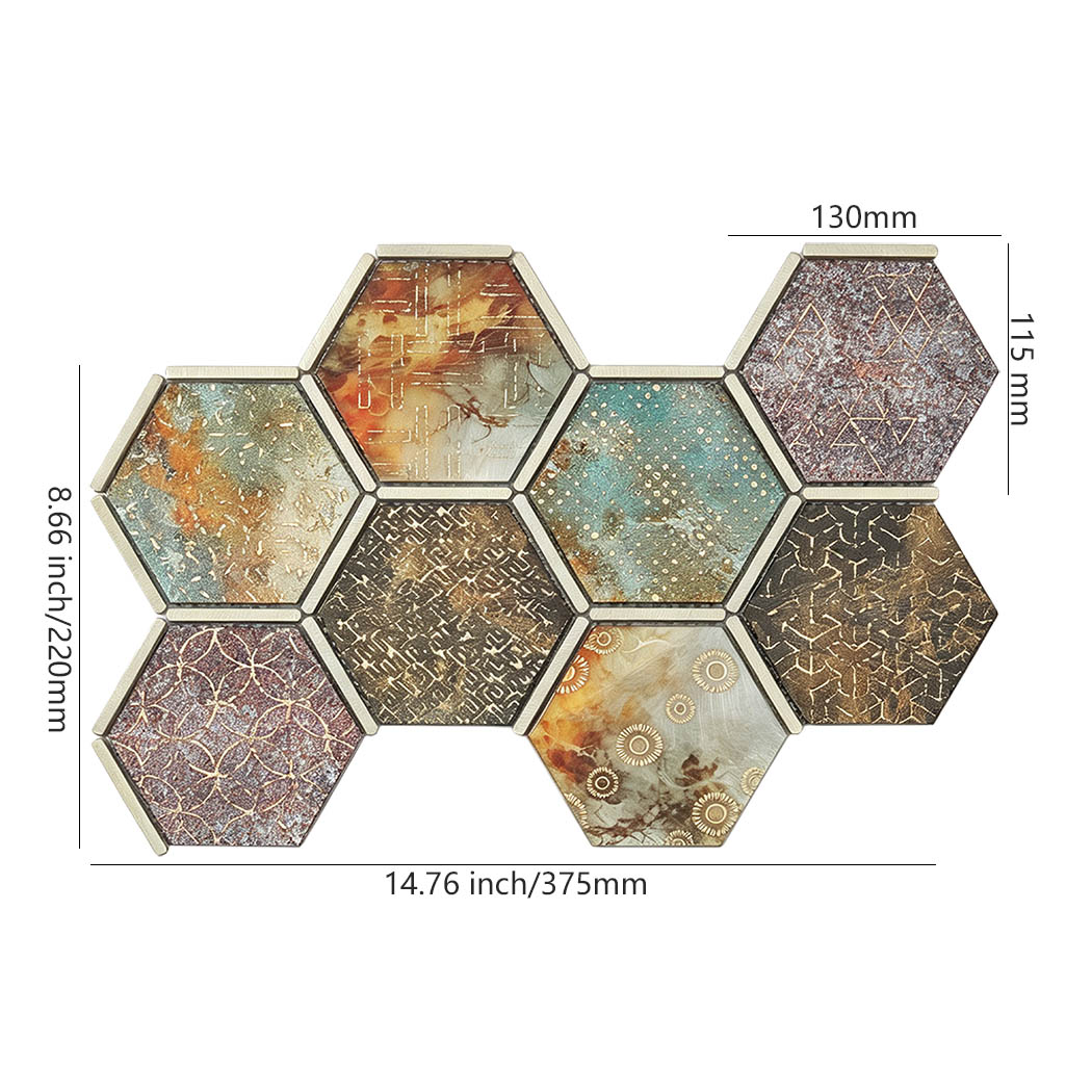 Teal brown and burgundy aluminum hexagon mosaic tile sheet with size details