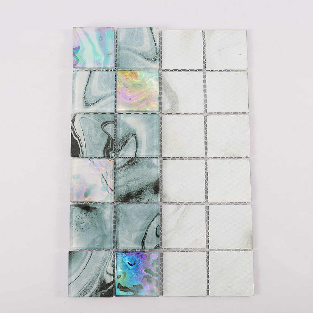 Back view of teal gray iridescent square glass mosaic tile sheet with mesh backing