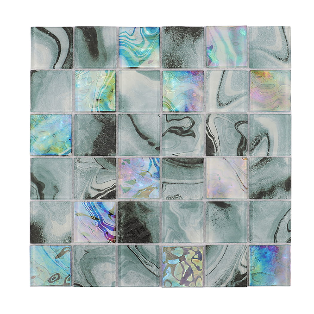 Teal gray square glass mosaic tile sheet with colorful iridescent accent pieces