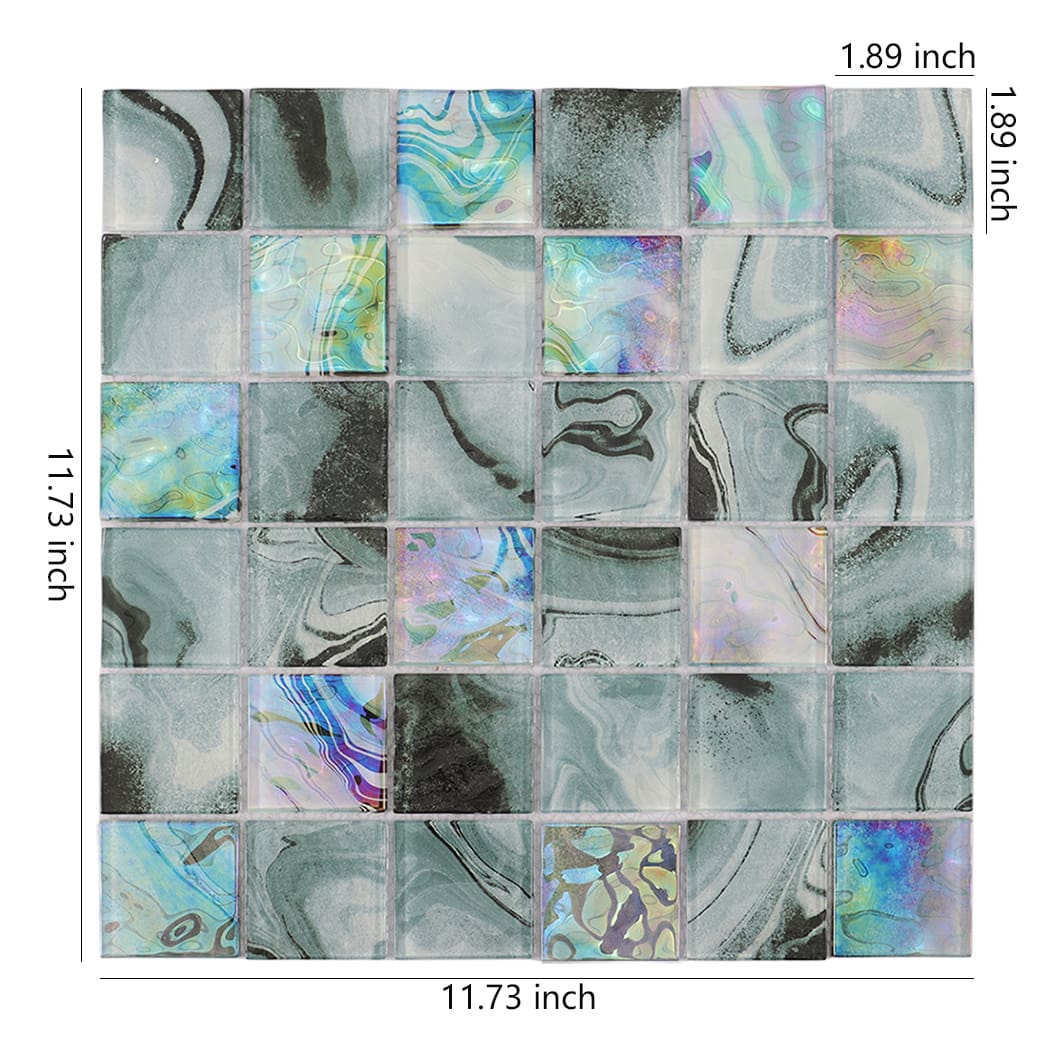 Teal gray iridescent square glass mosaic tile sheet measuring 11.73 x 11.73 inches
