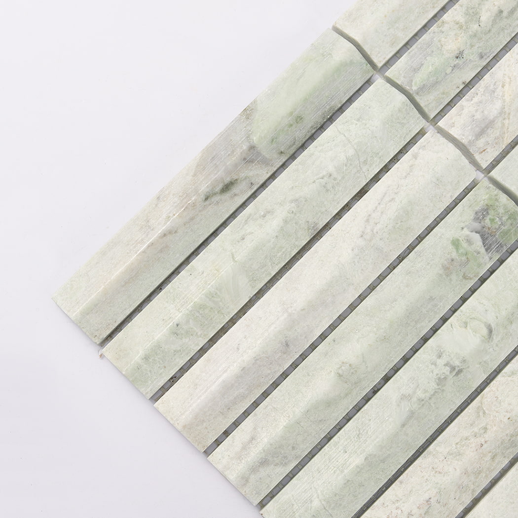 Close up of Ming Green marble mosaic showing natural green veining and texture.