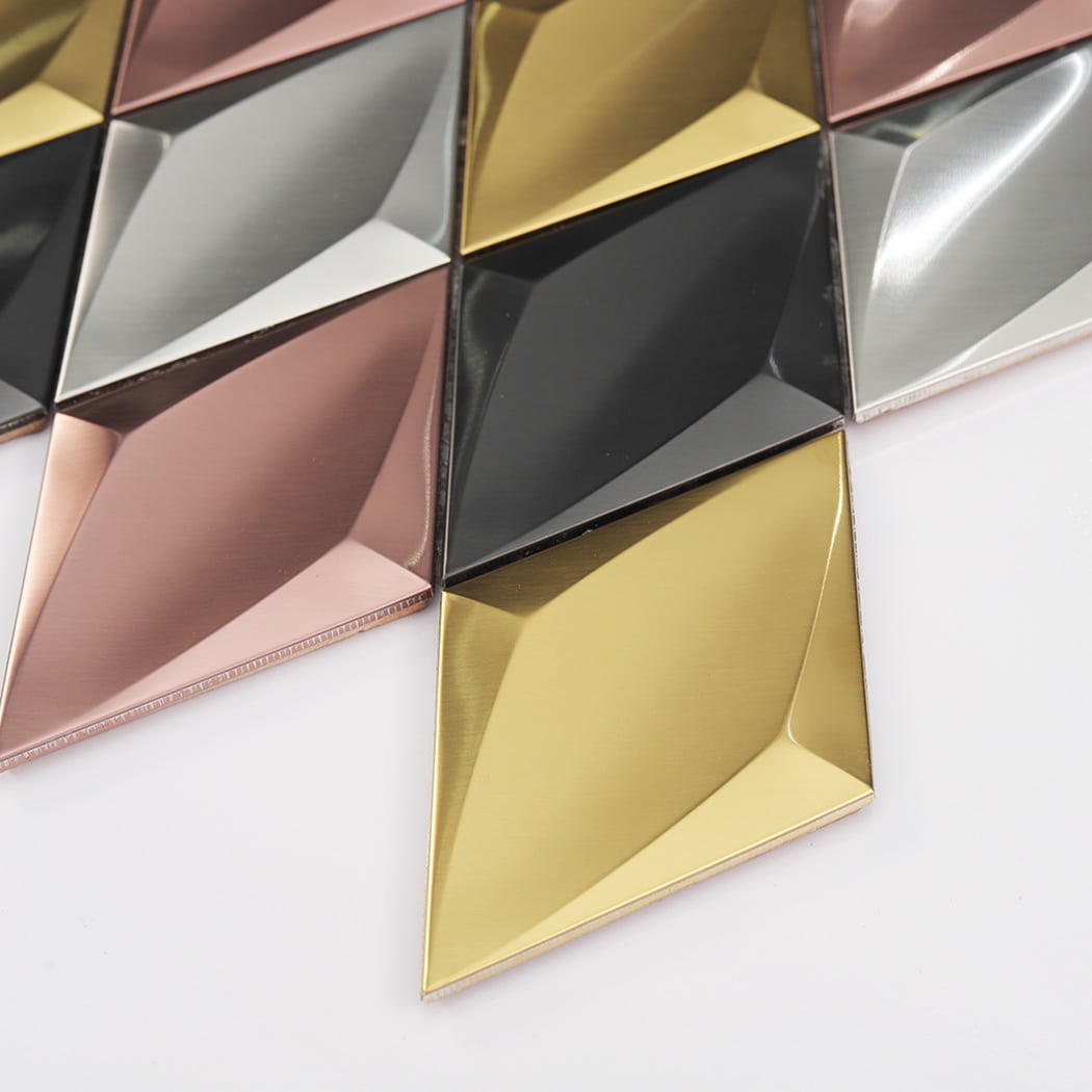Detailed view of the brushed metal surface on multicolor 3D diamond tiles.