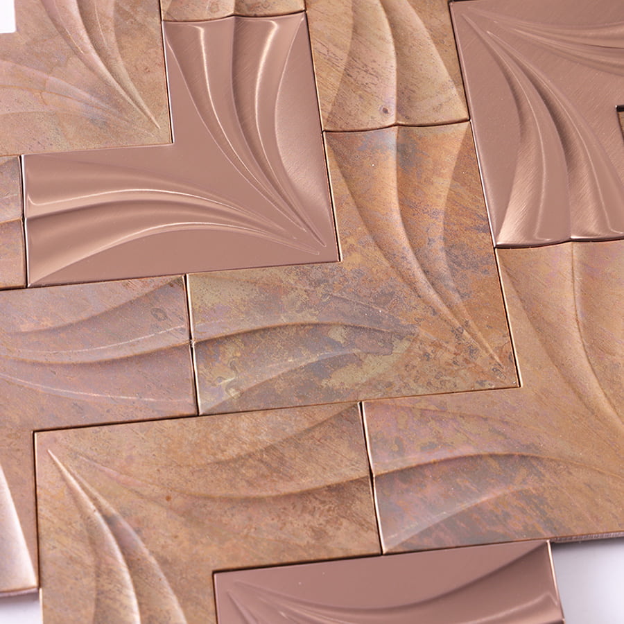 Detailed view of bronze metal mosaic tile surface texture