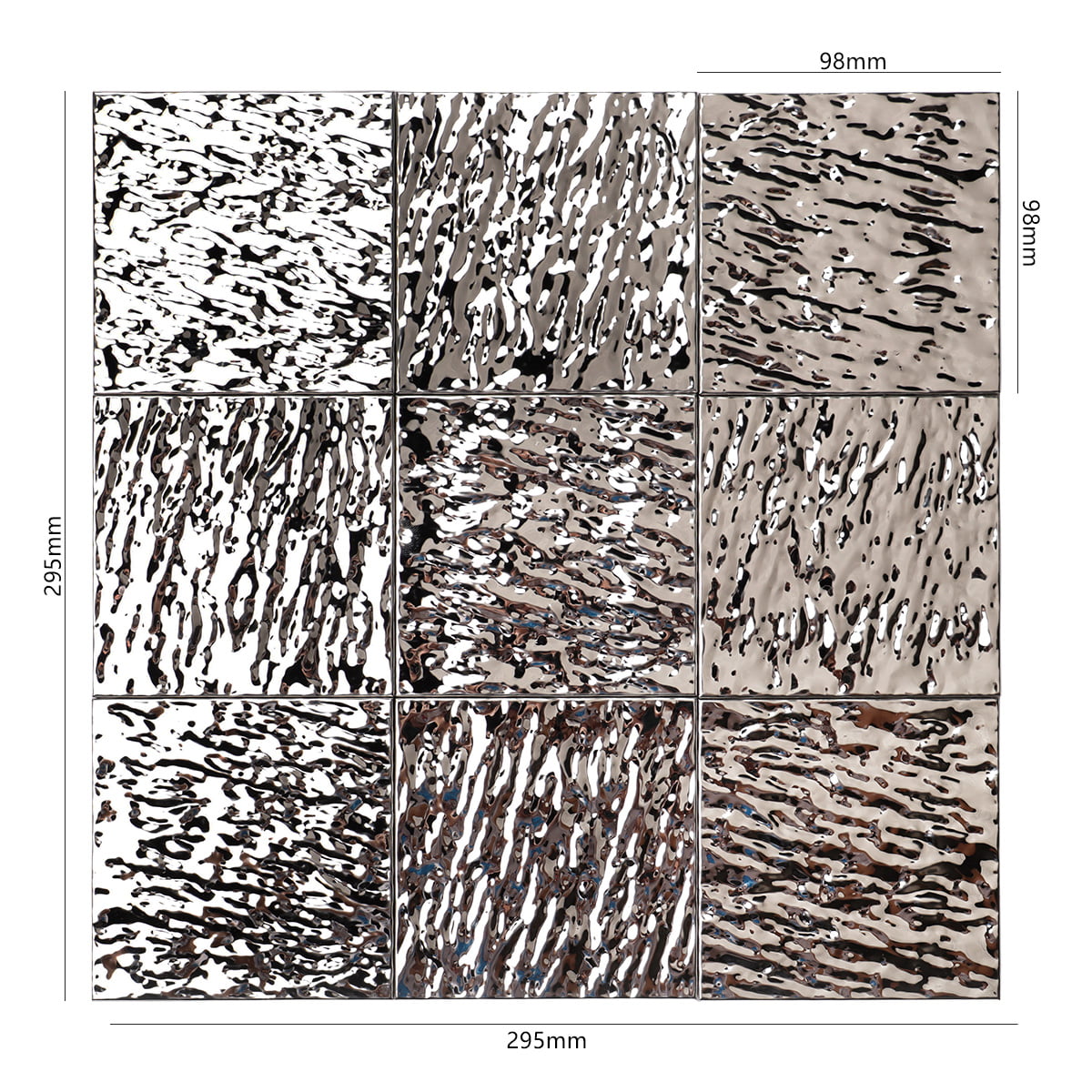 Textured chrome-look tile sheet with 9 square pieces, each 98mm x 98mm